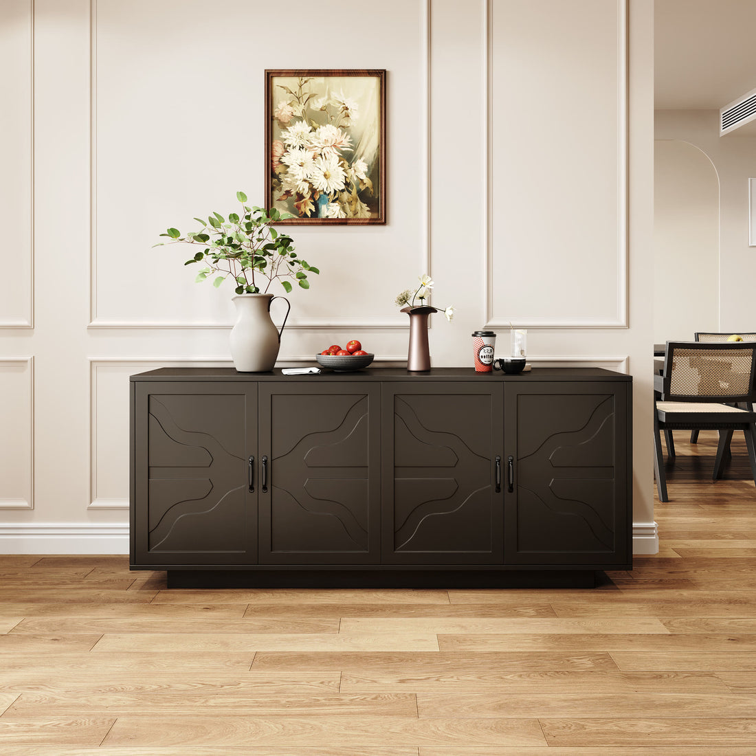 Iffhome Classic Black Buffet Cabinet With Wine Glass Rack - Black - image 0