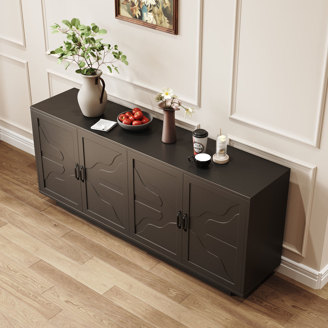 Iffhome Classic Black Buffet Cabinet With Wine Glass Rack - image 2