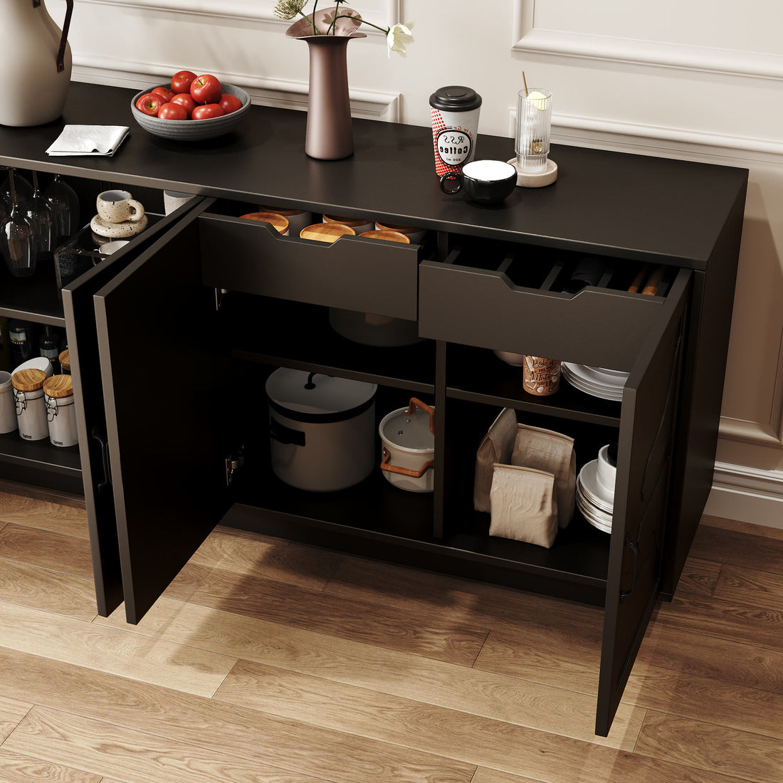 Iffhome Classic Black Buffet Cabinet With Wine Glass Rack - image 6