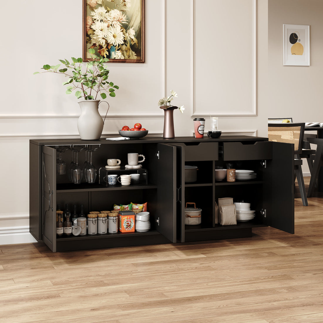 Iffhome Classic Black Buffet Cabinet With Wine Glass Rack - image 4