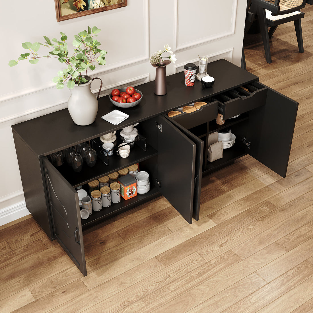 Iffhome Classic Black Buffet Cabinet With Wine Glass Rack - image 5