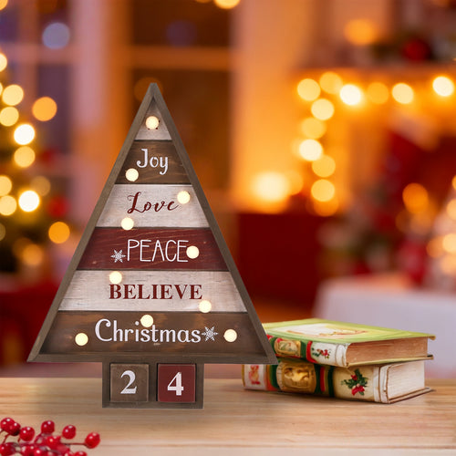 Christmas Wooden Tree Calendar Ornament With Lights - Red - image 0