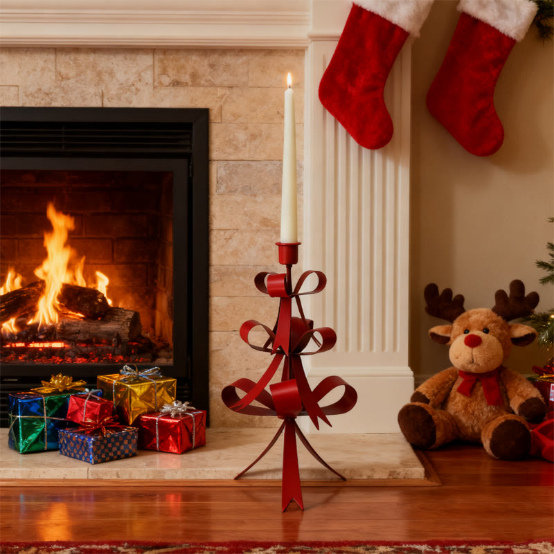 Iron Crafted Red Bow Christmas Tree Candle Holder - image 1
