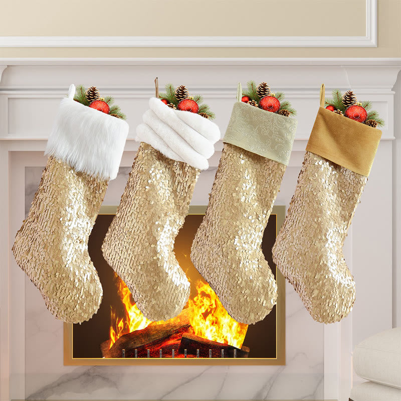 Gold-colored Fuzzy Cuff Decorative Christmas Socks - image 2