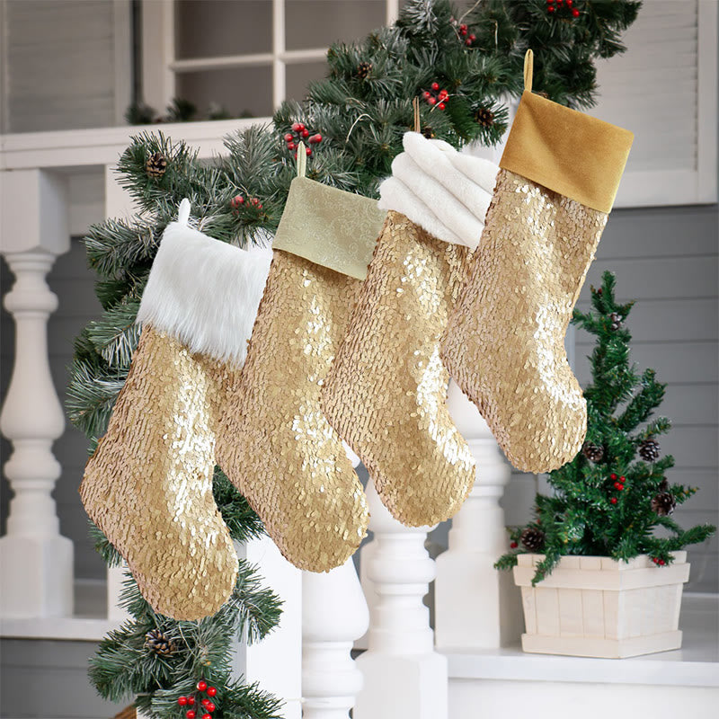 Gold-colored Fuzzy Cuff Decorative Christmas Socks - image 1