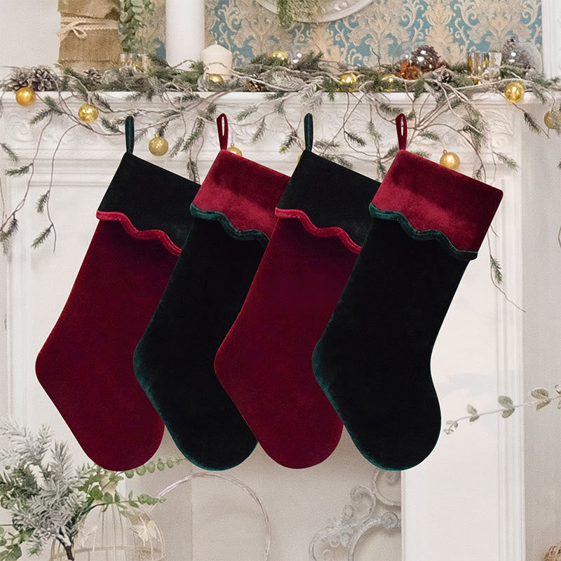 Wavy Velvet Cuff Color-blocked Christmas Socks - Red - image 0