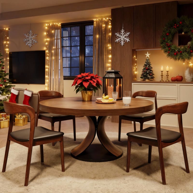 Solid Wood Round Mid-century Walnut Kitchen Room Dining Table - image 15