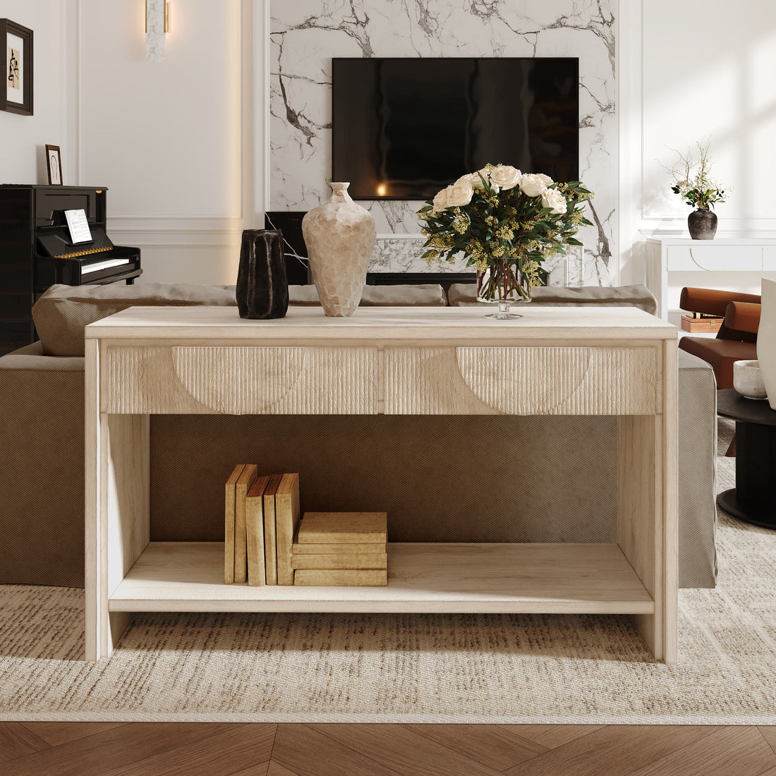 Iffhome 55.12"  Wood Distressed Pattern Console Table Sofa Table With 2 Drawers - White - 31.50'' H x 55.12'' W x 15.75'' D - image 0