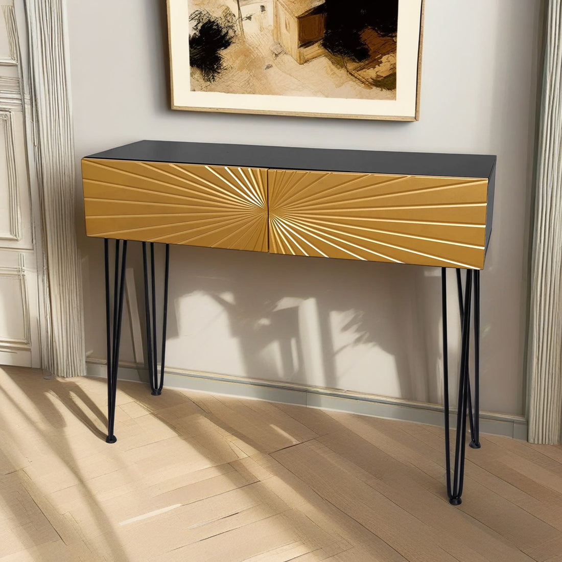 Iffhome Mordern 39.4" Black & Gold Console Table With Storage Wood Entryway Table With 2 Drawers - image 0