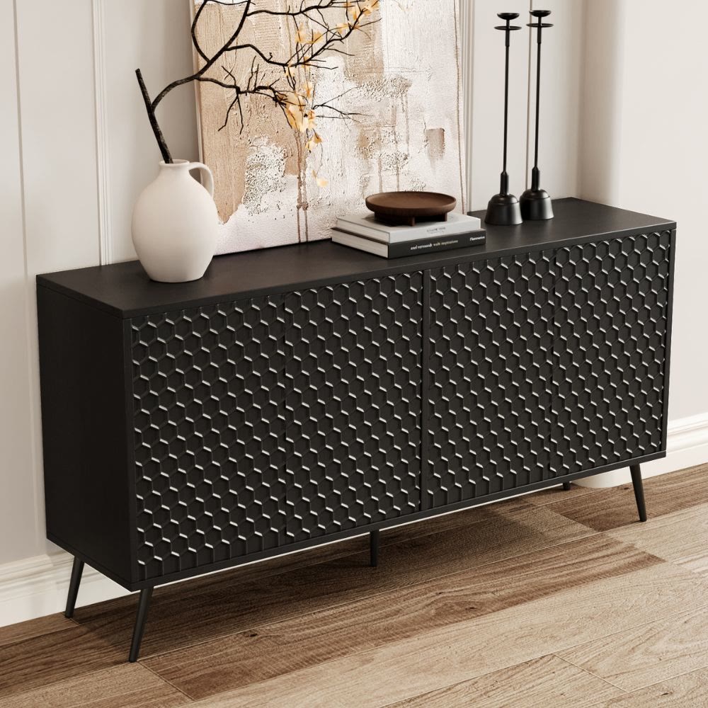 Iffhome Wooden Storage Cabinet With Honeycomb Hexagonal Pattern Doors  - Black - image 0