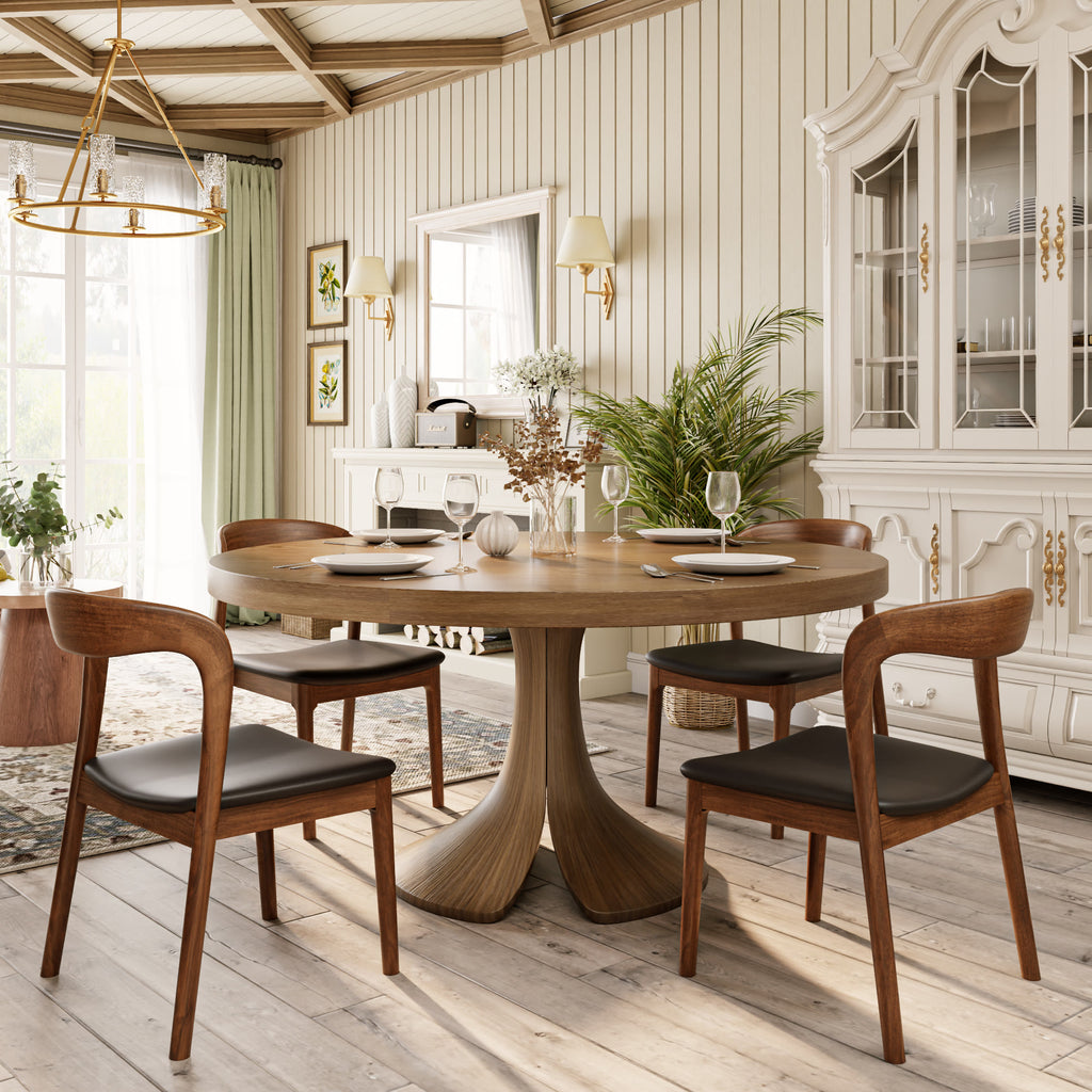 Mid-century Solid Wood Round Dining Table With Curved Base - image 1