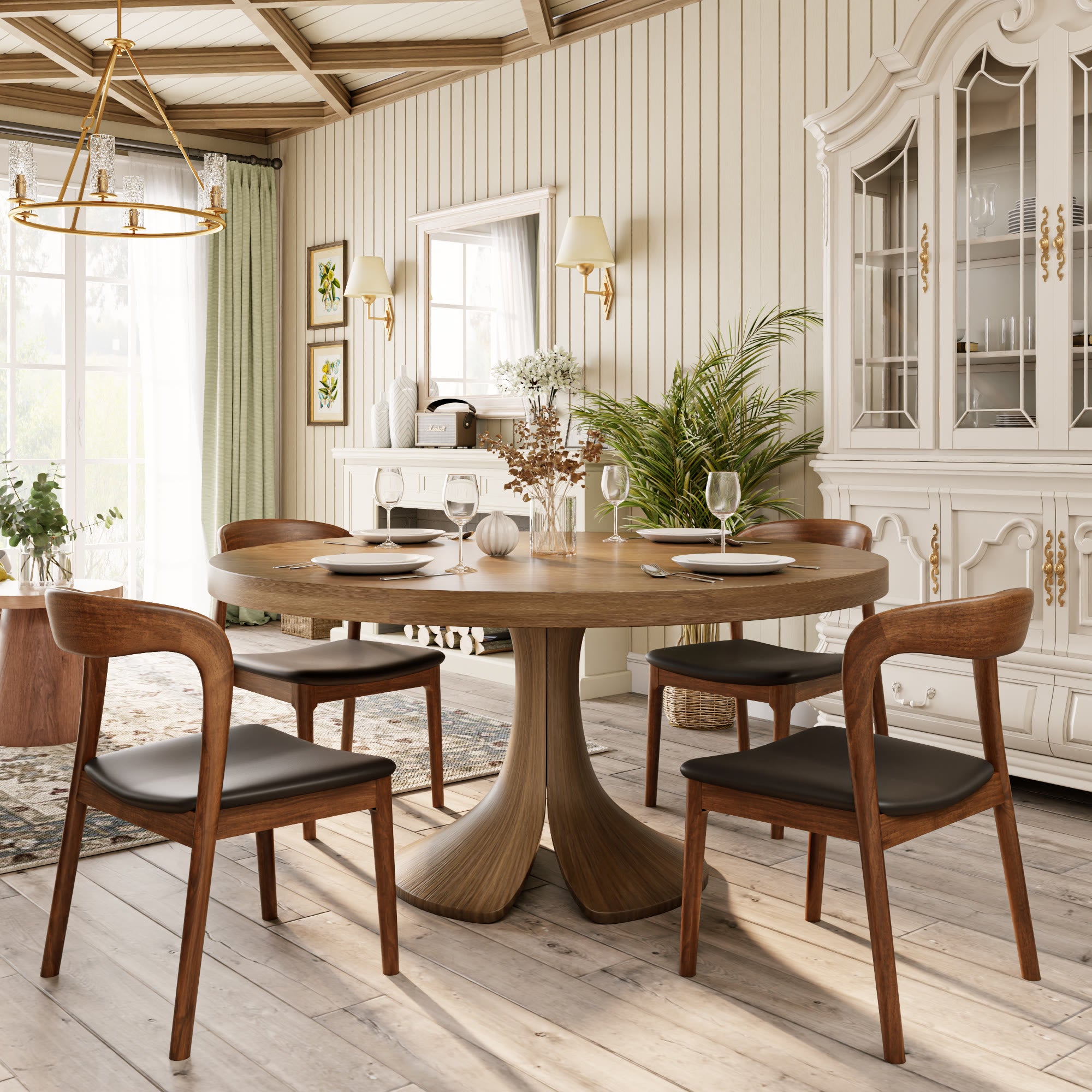 Mid-century Solid Wood Round Dining Table With Curved Base - image 1