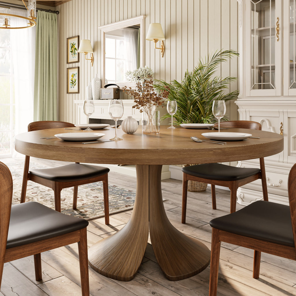 Mid-century Solid Wood Round Dining Table With Curved Base - image 3