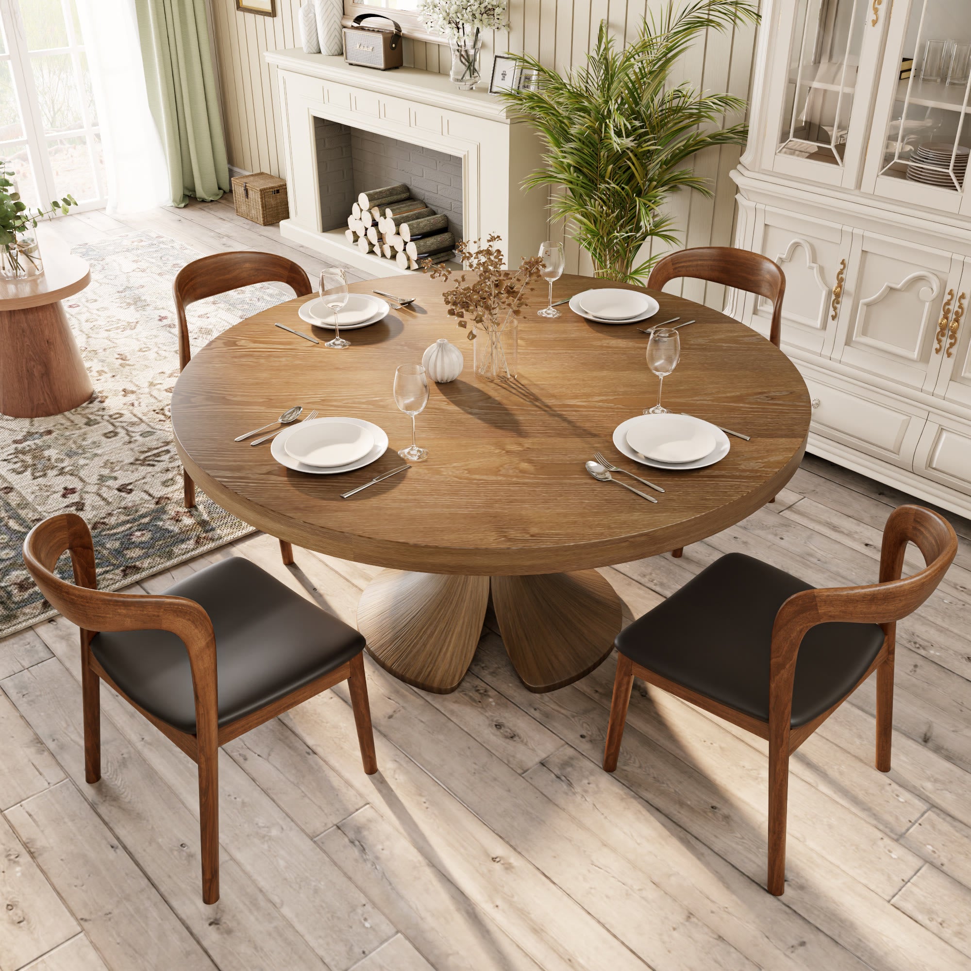 Mid-century Solid Wood Round Dining Table With Curved Base - image 2