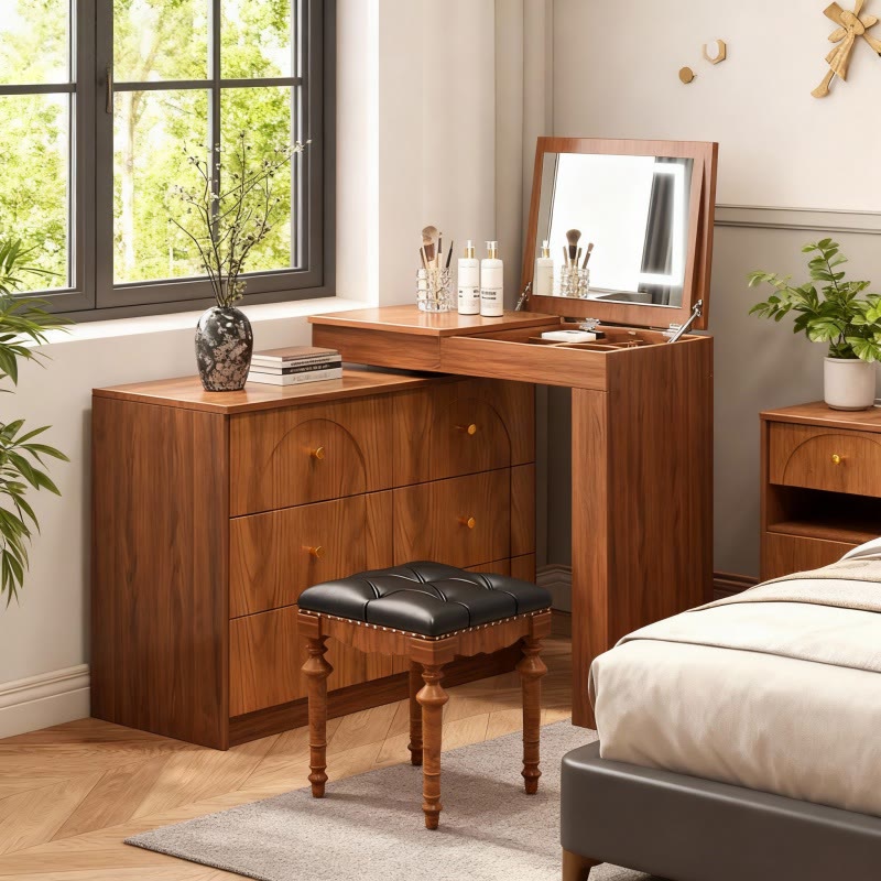 Iffhome Vintage Vanity Desk with Mirror and Lights - Walnut - image 0