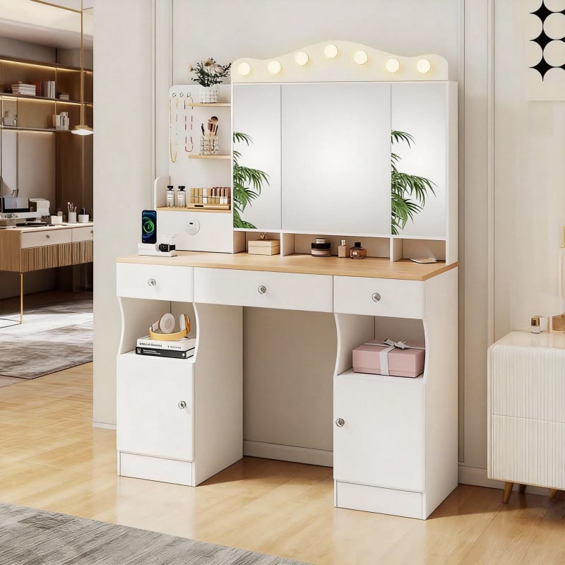 Makeup Vanity Desk With Foldable Mirror - White - image 0
