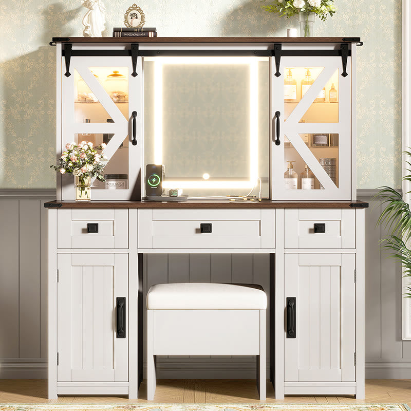 Farmhouse Vanity Desk With Lighted Mirror - Beige - image 0