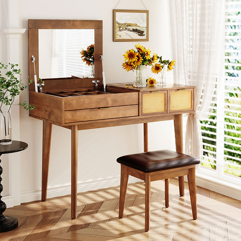 Classic Wood Makeup Vanity Set With Flip-top Mirror - Brown - image 0