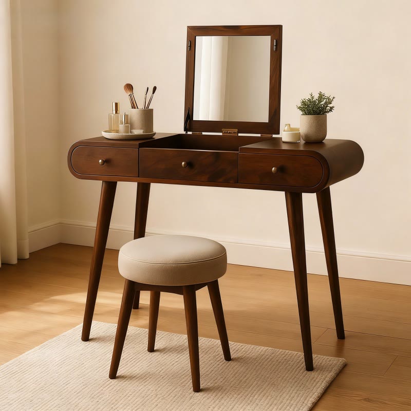 Walnut Color Foldable Mirror Dressing Table - Walnut - image 1