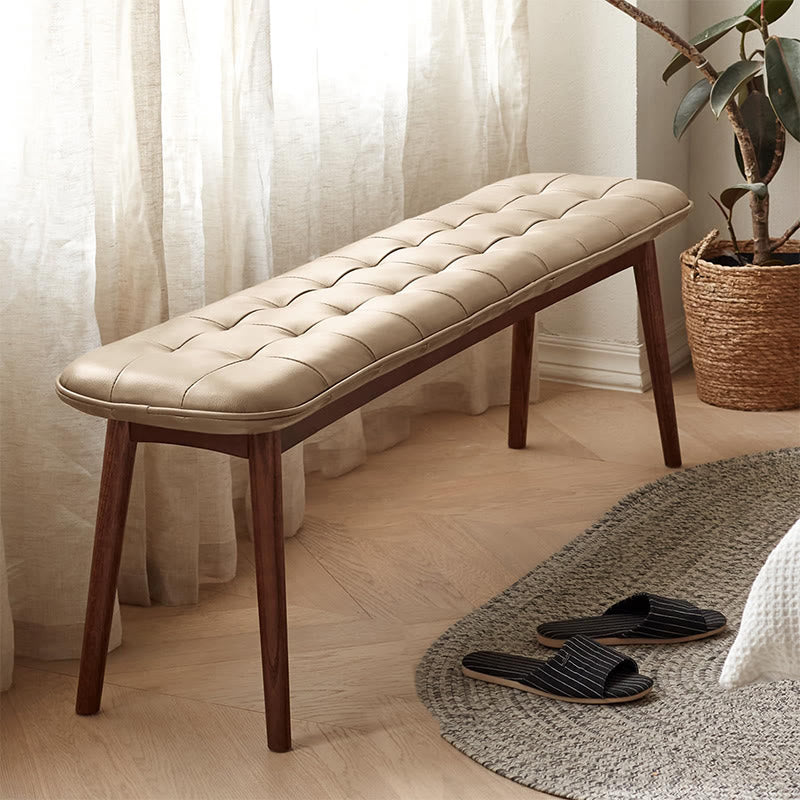 Iffhome Natural Wood Bench With Leather Cushion  - Khaki+Brown - image 1