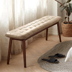 Natural Wood Bench With Leather Cushion  - Khaki+Brown - image 1