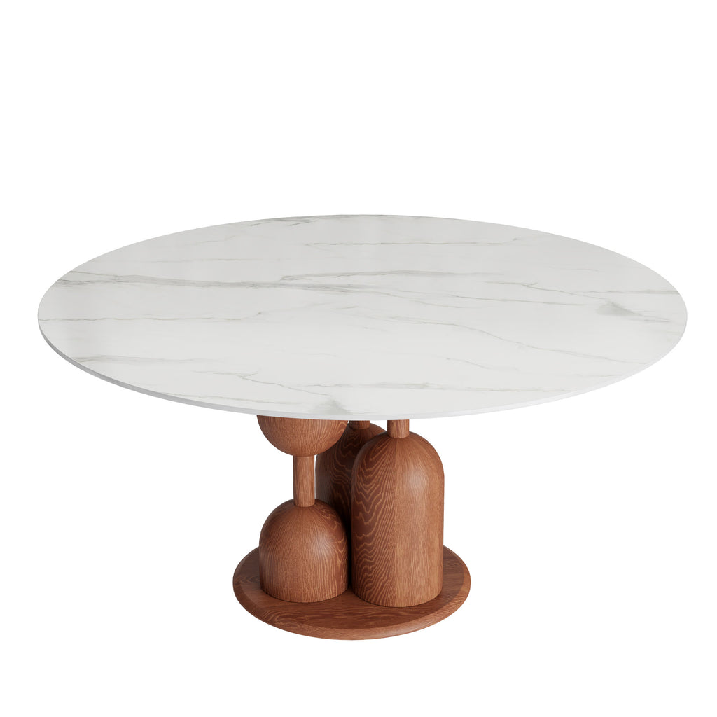 Solenne Solid Wood Pedestal Round Dining Table With White Glossy Stone Top - image 1