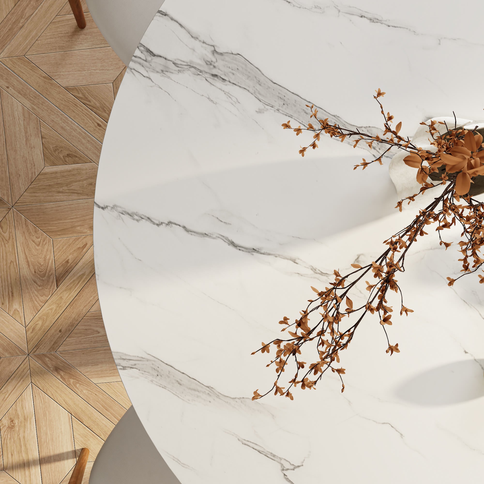 Solenne Solid Wood Pedestal Round Dining Table With White Glossy Stone Top - image 7