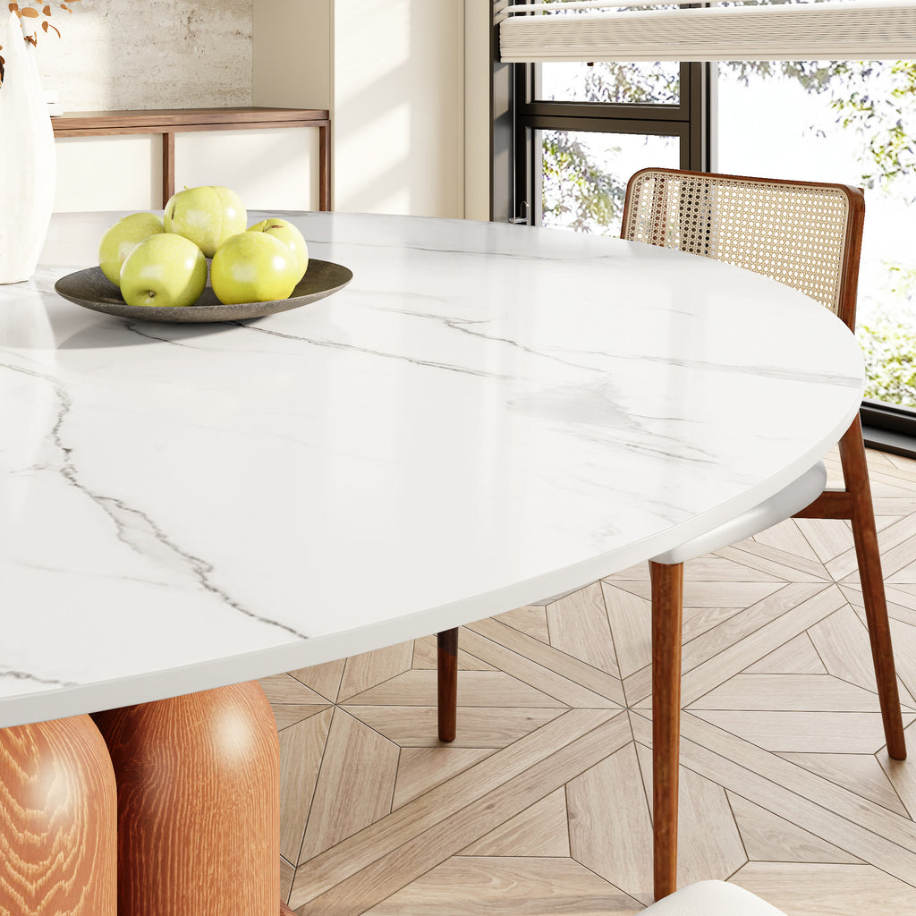 Solenne Solid Wood Pedestal Round Dining Table With White Glossy Stone Top - image 3
