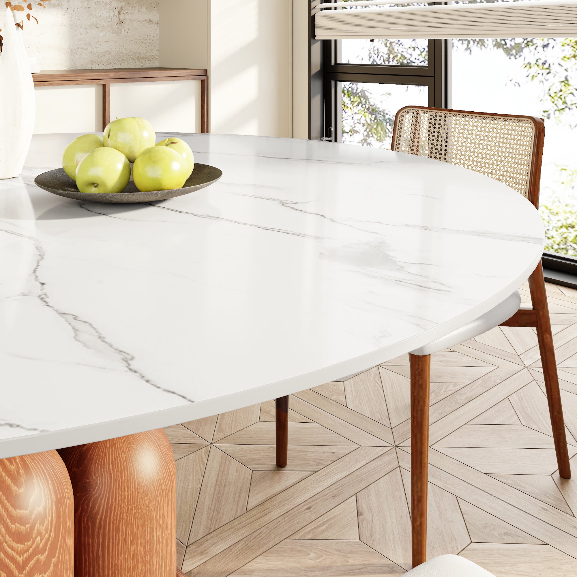 Solenne Solid Wood Pedestal Round Dining Table With White Glossy Stone Top - image 3