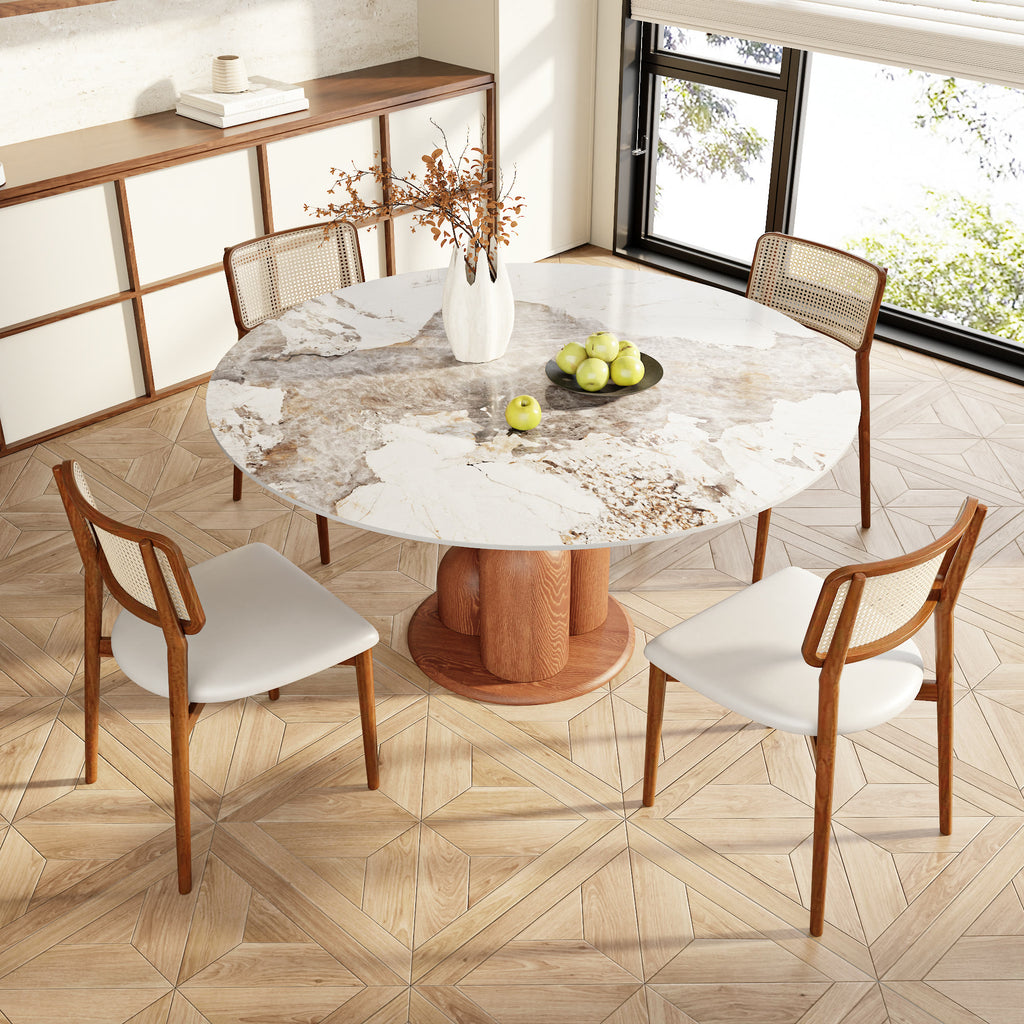 Solenne Solid Wood Pedestal Round Dining Table With Pandora Glossy Stone Top - image 2