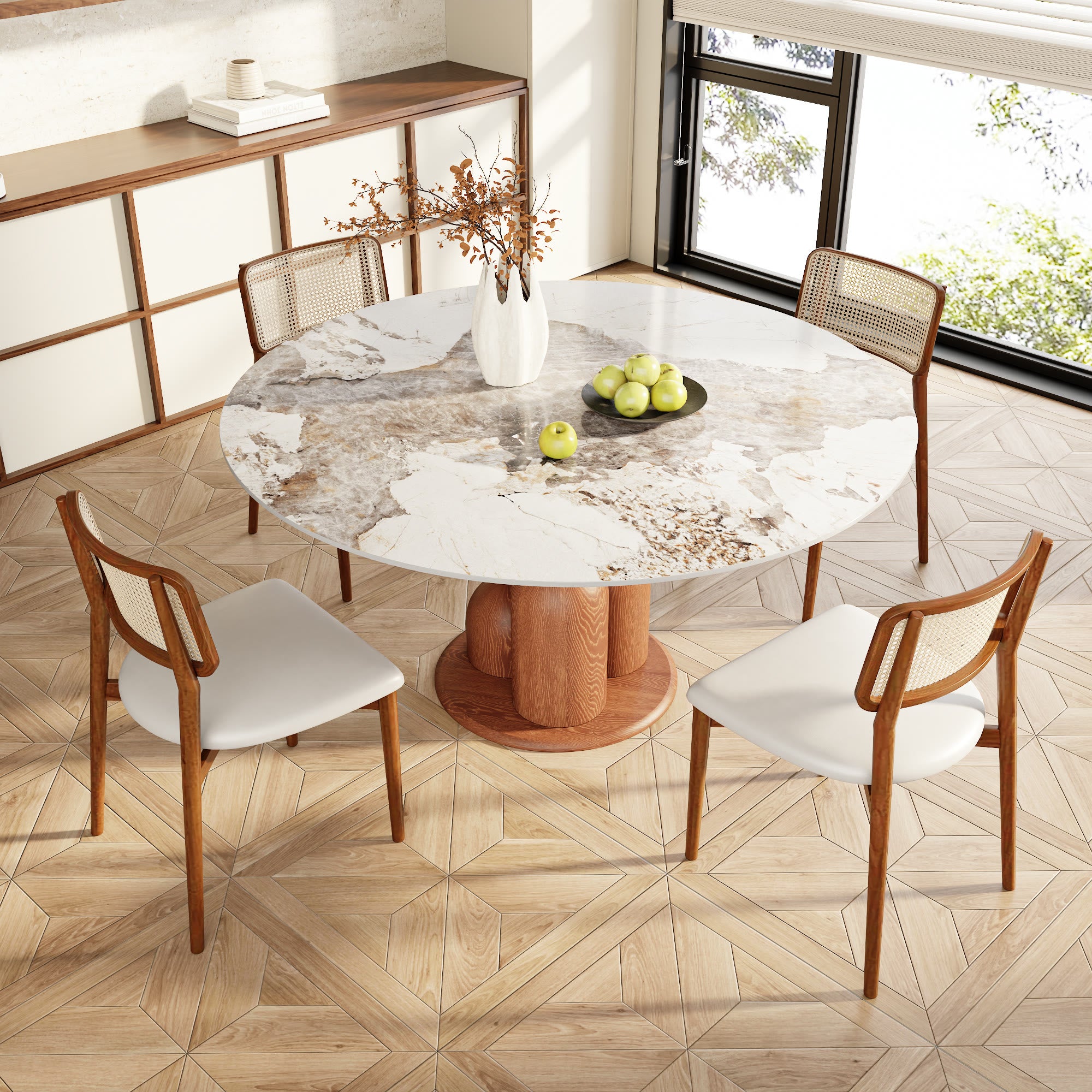 Solenne Solid Wood Pedestal Round Dining Table With Pandora Glossy Stone Top - image 2