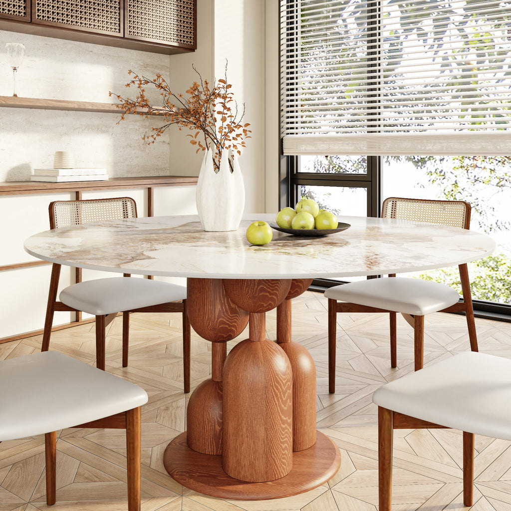 Solenne Solid Wood Pedestal Round Dining Table With Pandora Glossy Stone Top - image 0
