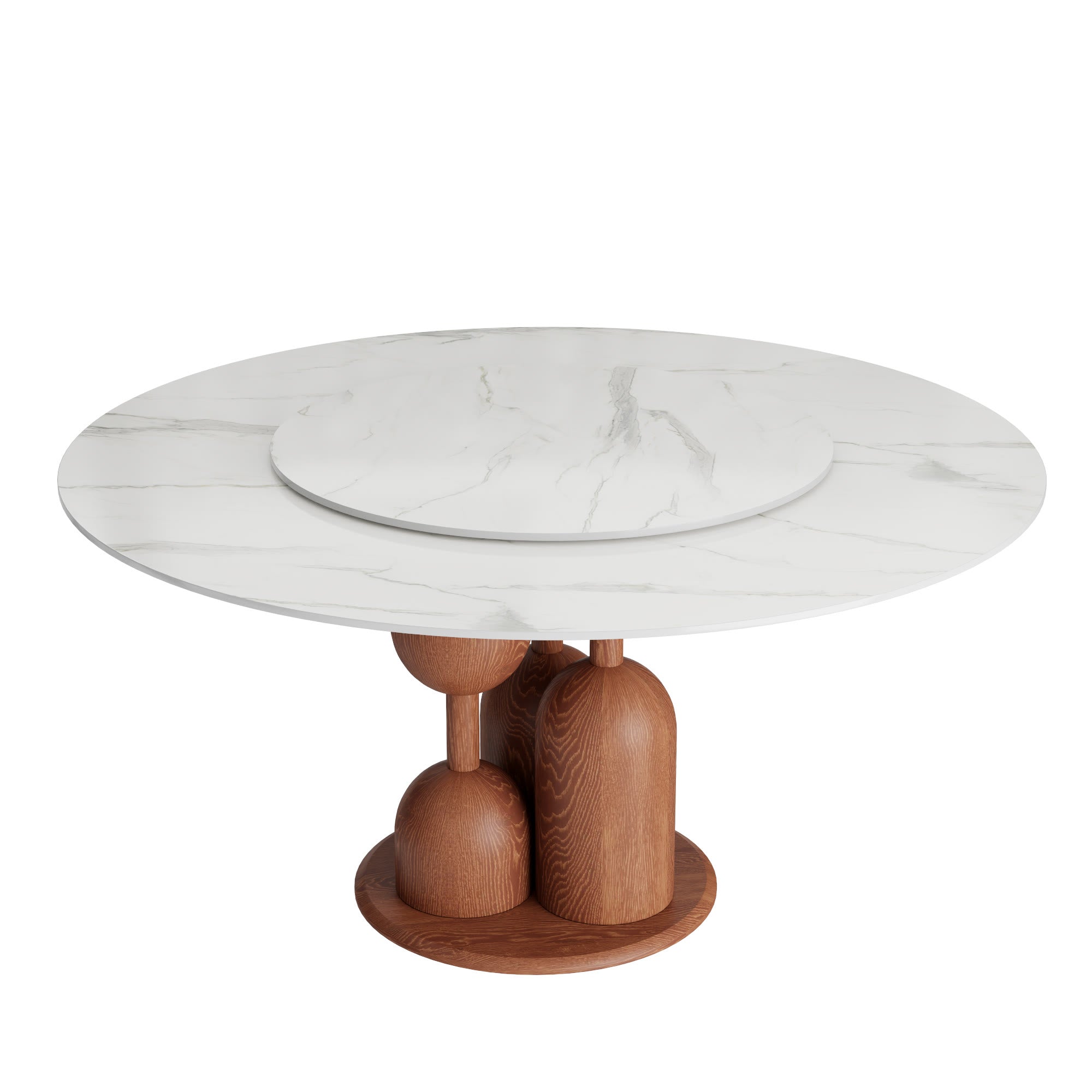 Solenne Solid Wood Pedestal Round Dining Table with White Glossy Stone Top & Removable Lazy Susan - image 1