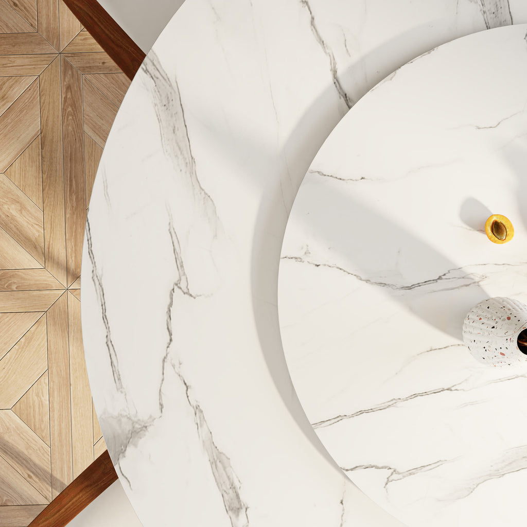 Solenne Solid Wood Pedestal Round Dining Table with White Glossy Stone Top & Removable Lazy Susan - image 7