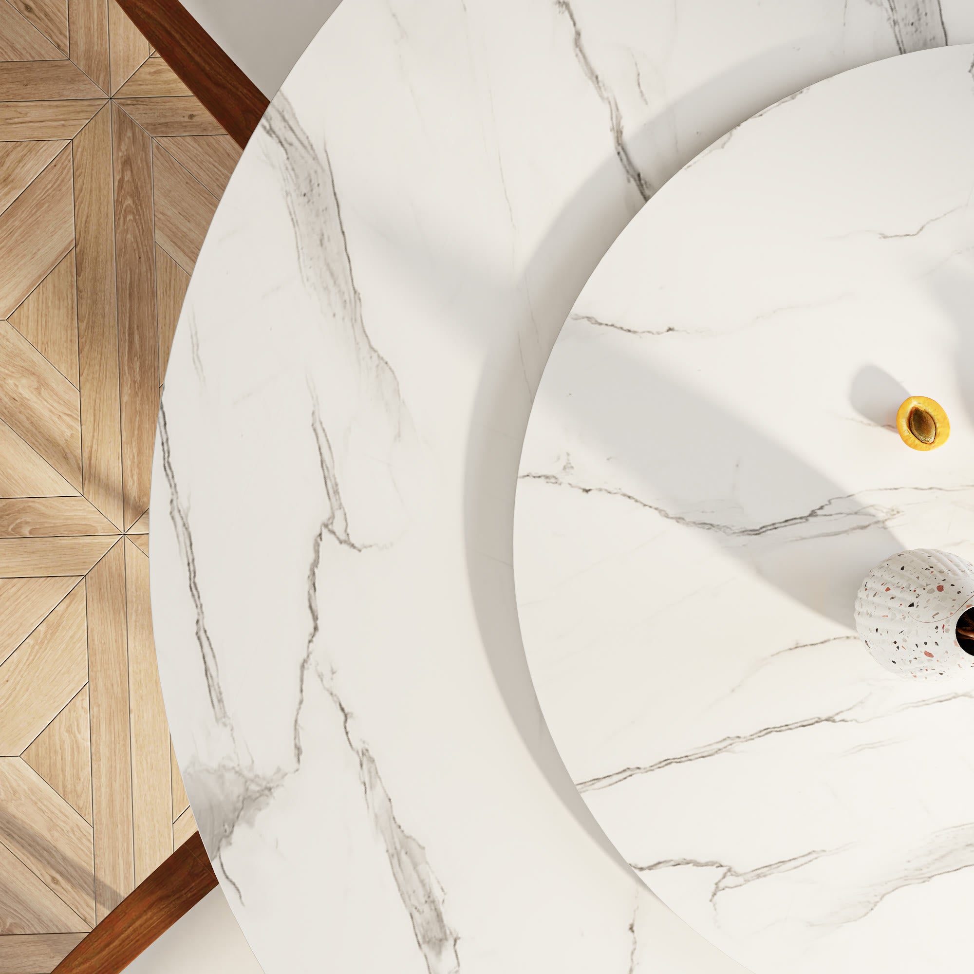 Solenne Solid Wood Pedestal Round Dining Table with White Glossy Stone Top & Removable Lazy Susan - image 7