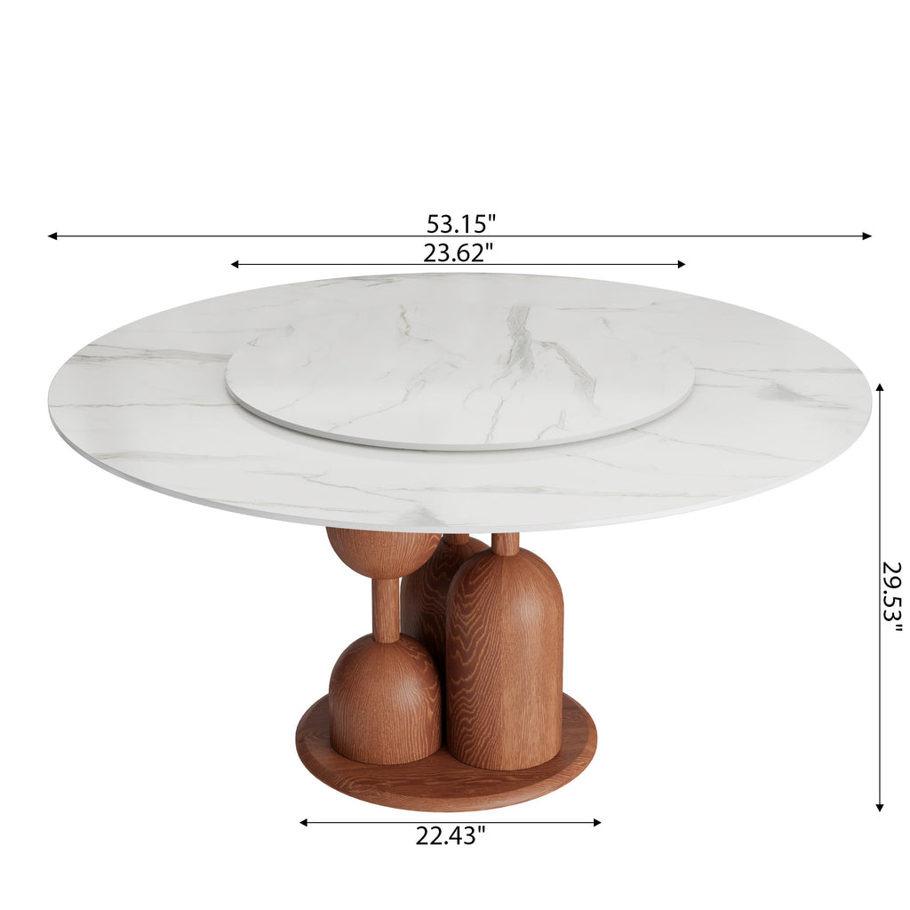 Solenne Solid Wood Pedestal Round Dining Table with White Glossy Stone Top & Removable Lazy Susan - image 5