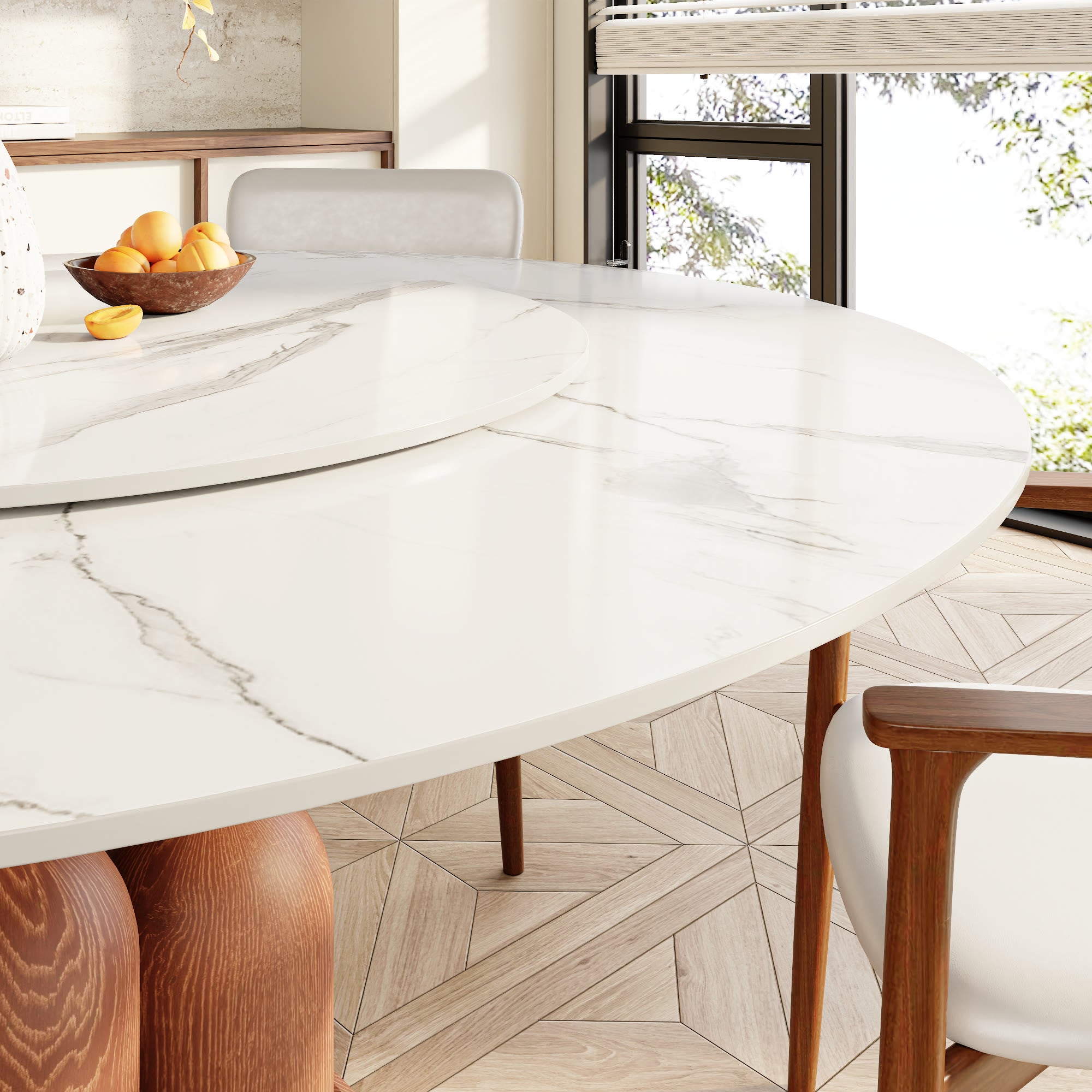 Solenne Solid Wood Pedestal Round Dining Table with White Glossy Stone Top & Removable Lazy Susan - image 2