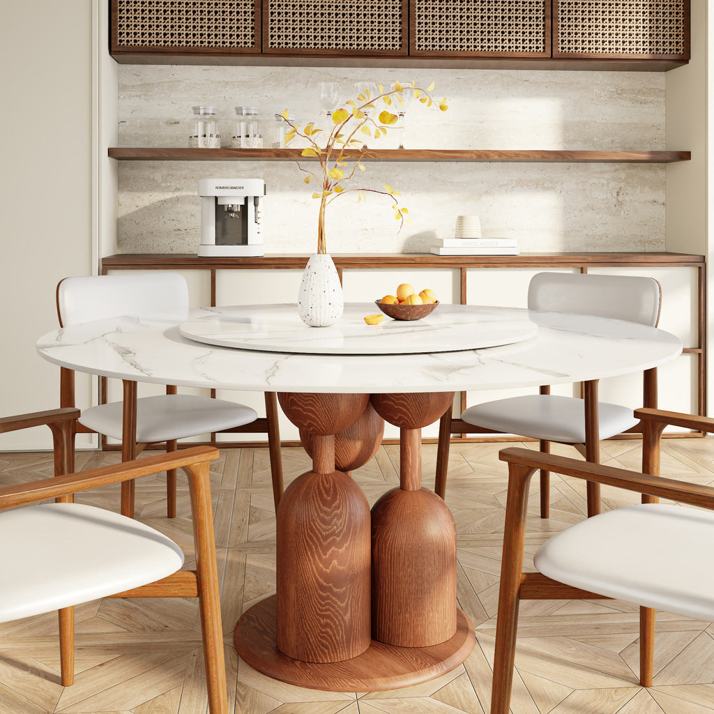 Solenne Solid Wood Pedestal Round Dining Table with White Glossy Stone Top & Removable Lazy Susan - image 0