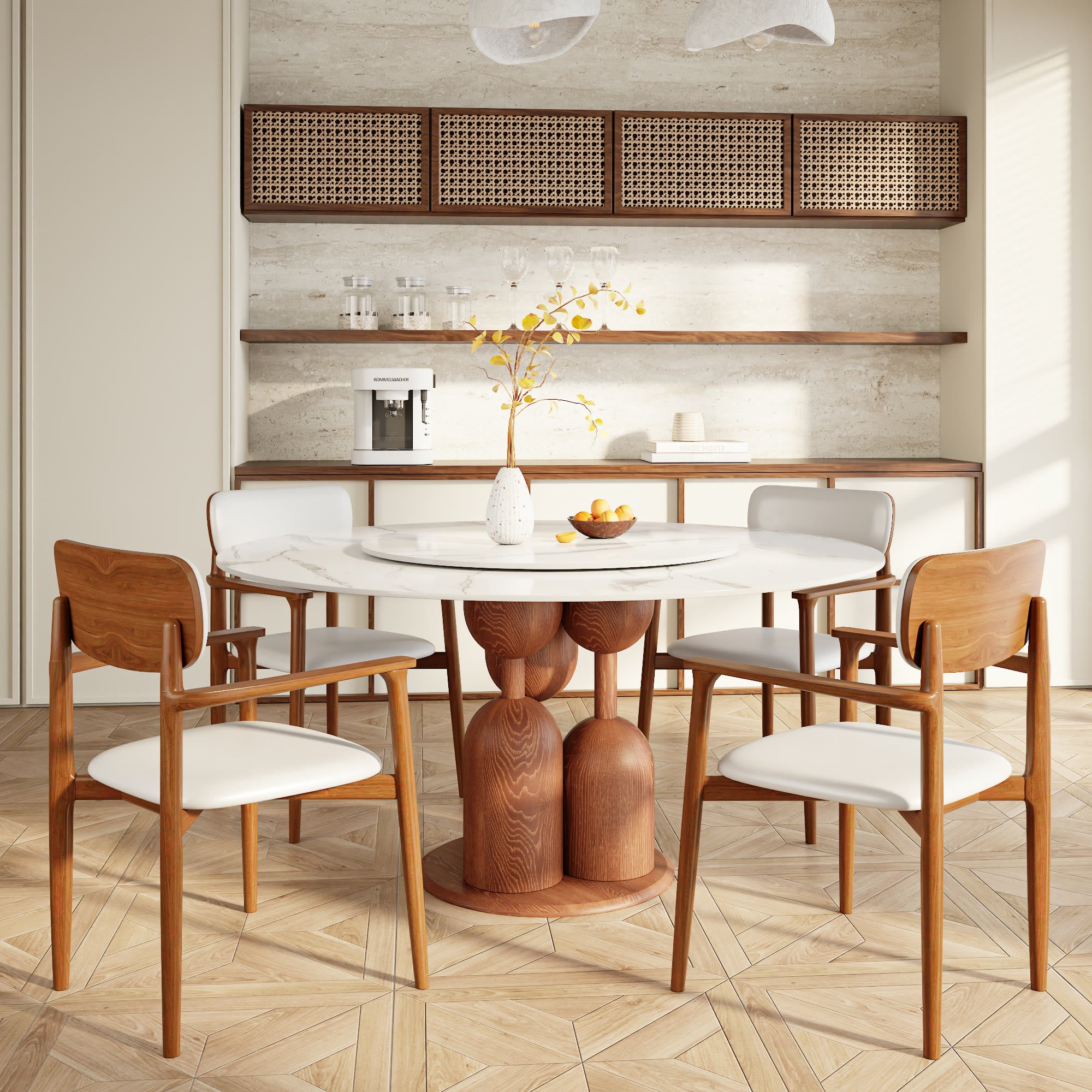 Solenne Solid Wood Pedestal Round Dining Table with White Glossy Stone Top & Removable Lazy Susan - 59.05'' W X 59.05'' D X 29.53'' H - image 4