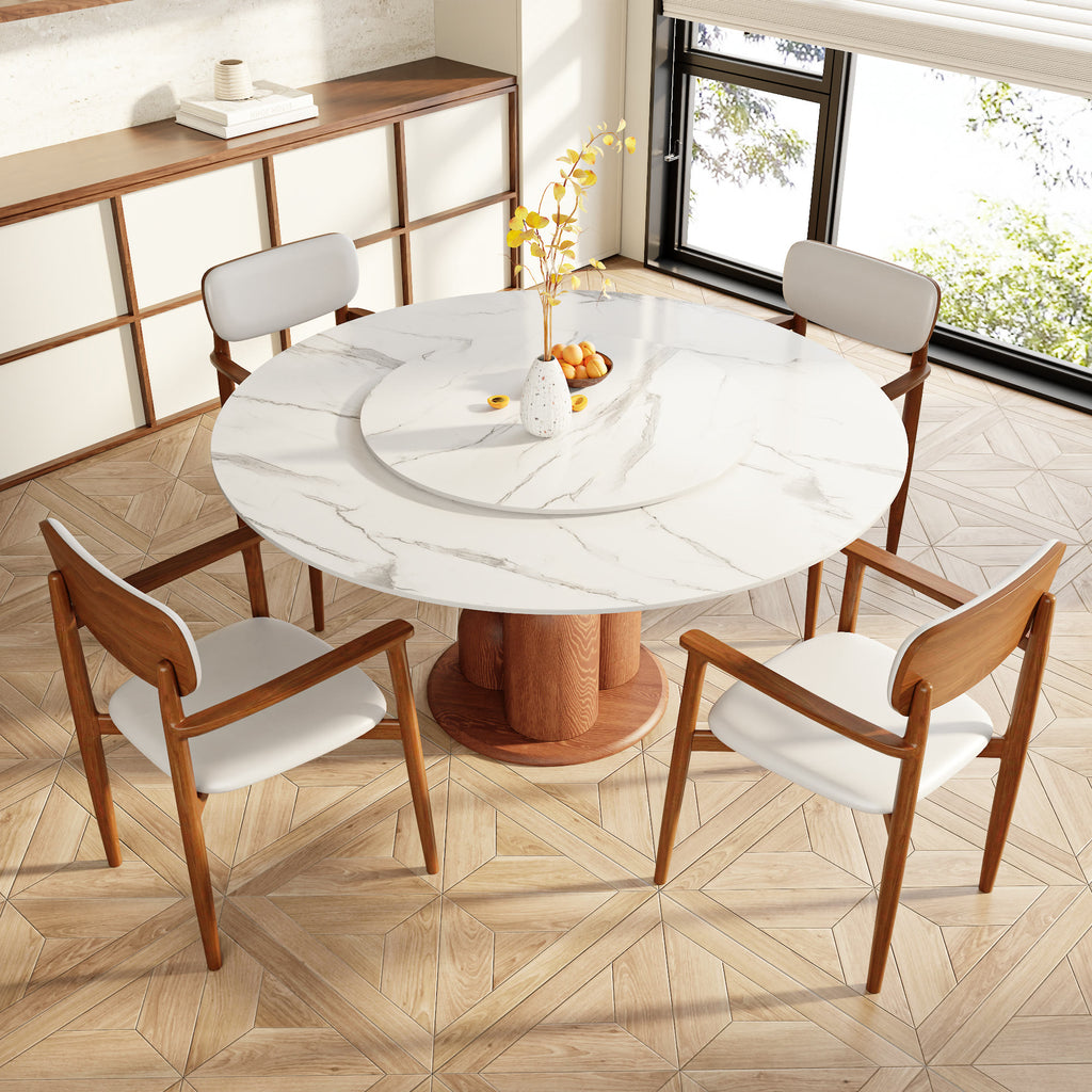 Solenne Solid Wood Pedestal Round Dining Table with White Glossy Stone Top & Removable Lazy Susan - image 3