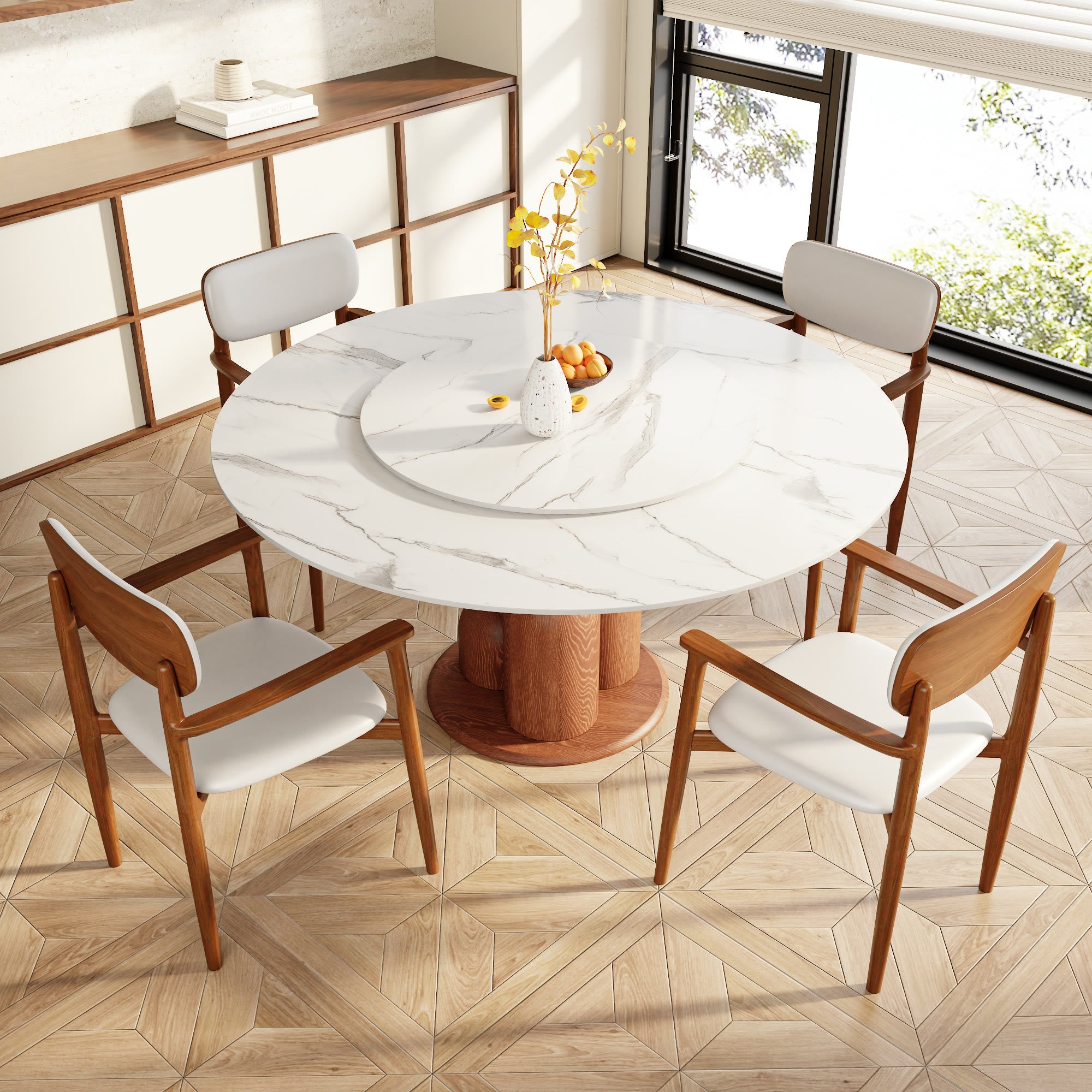 Solenne Solid Wood Pedestal Round Dining Table with White Glossy Stone Top & Removable Lazy Susan - image 3