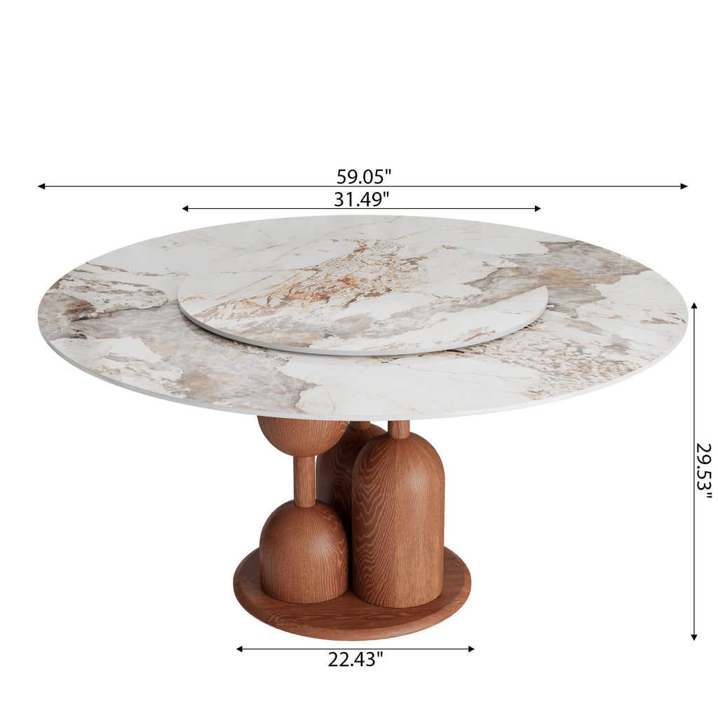 Solenne Solid Wood Pedestal Round Dining Table with Pandora Glossy Stone Top & Removable Lazy Susan - image 6