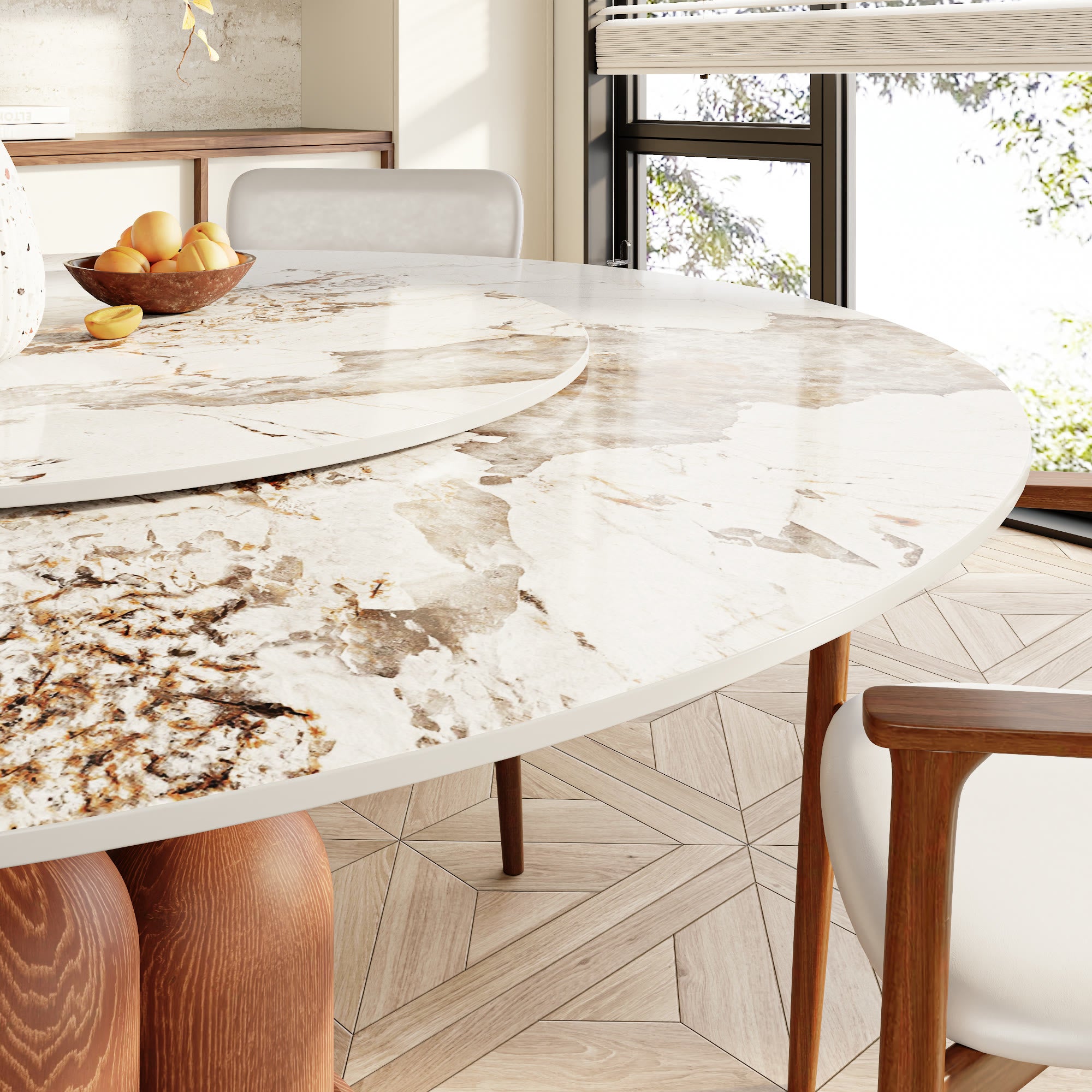 Solenne Solid Wood Pedestal Round Dining Table with Pandora Glossy Stone Top & Removable Lazy Susan - image 2