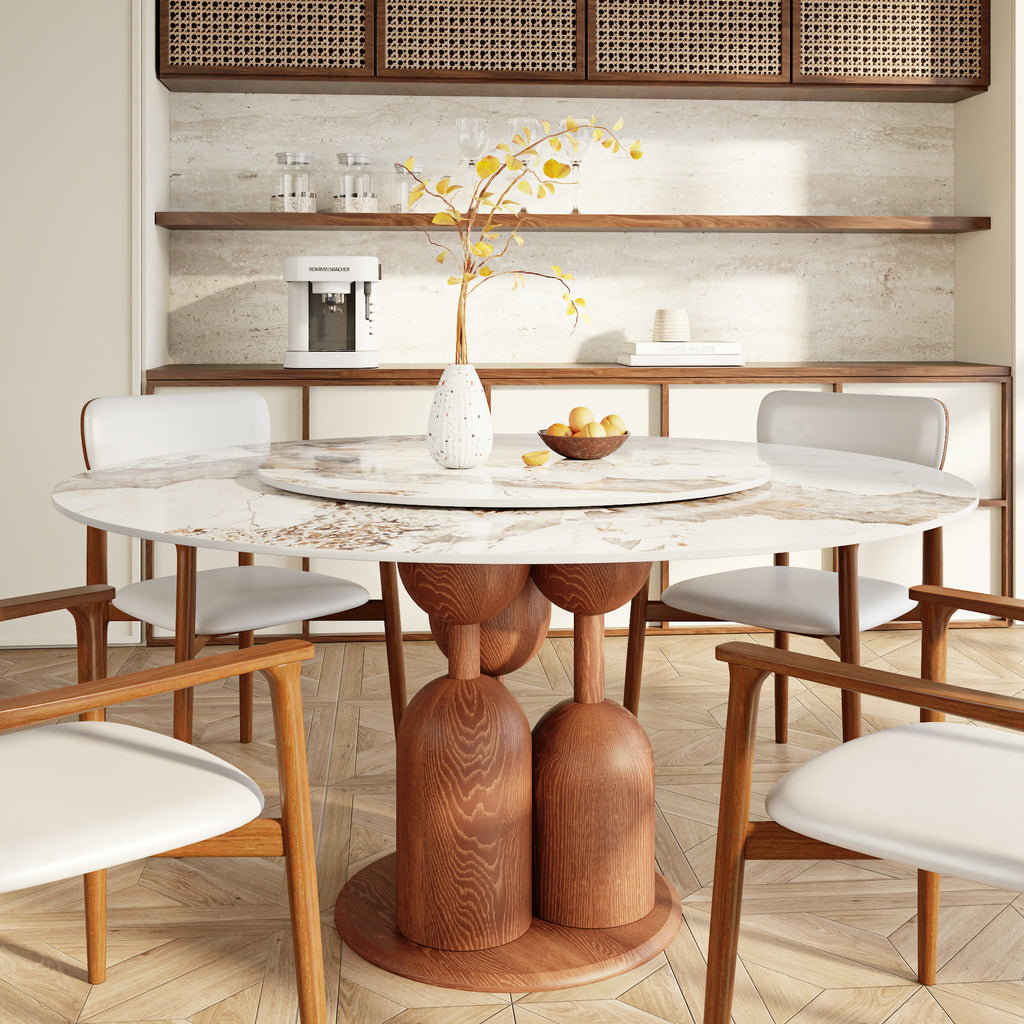 Solenne Solid Wood Pedestal Round Dining Table with Pandora Glossy Stone Top & Removable Lazy Susan - image 0