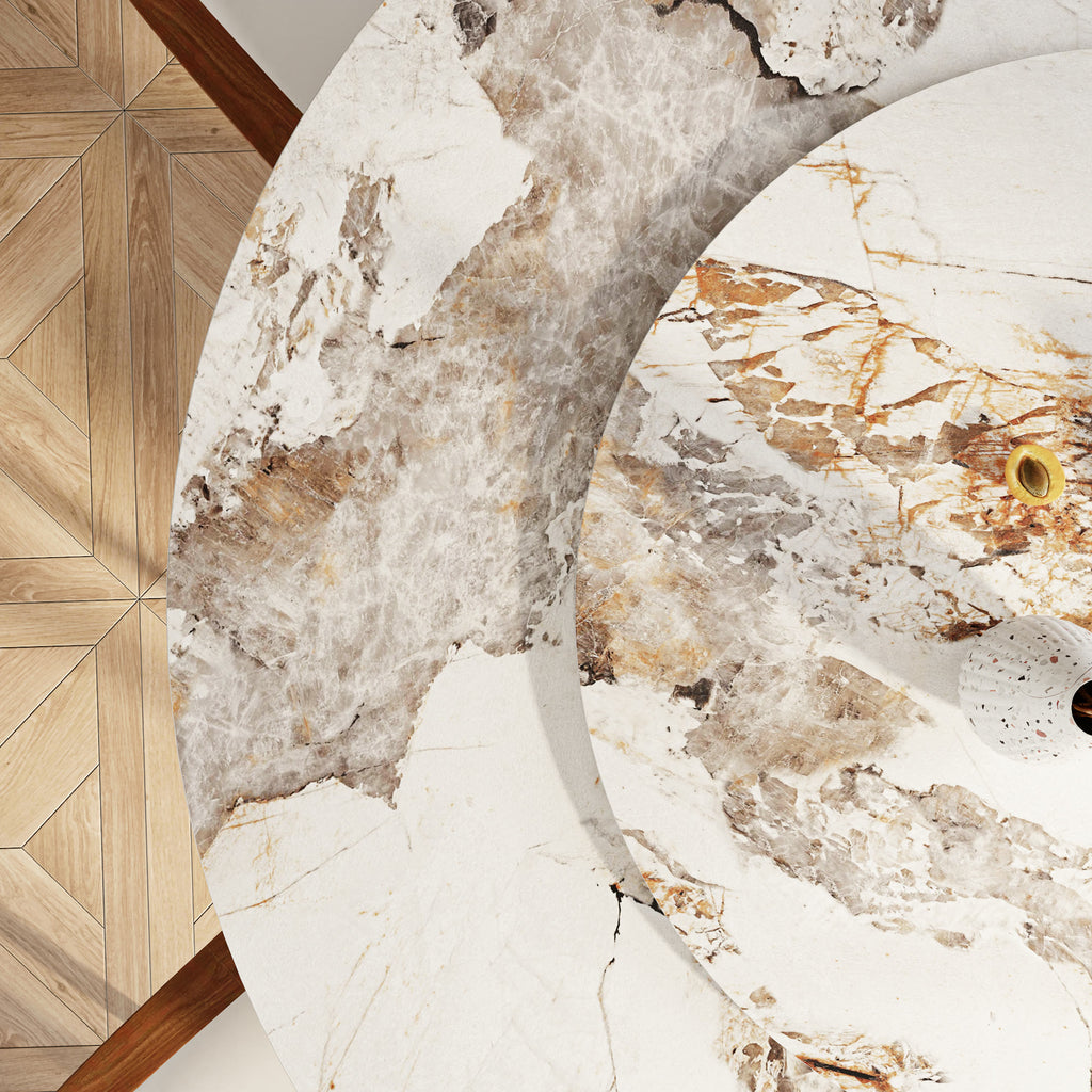 Solenne Solid Wood Pedestal Round Dining Table with Pandora Glossy Stone Top & Removable Lazy Susan - image 7