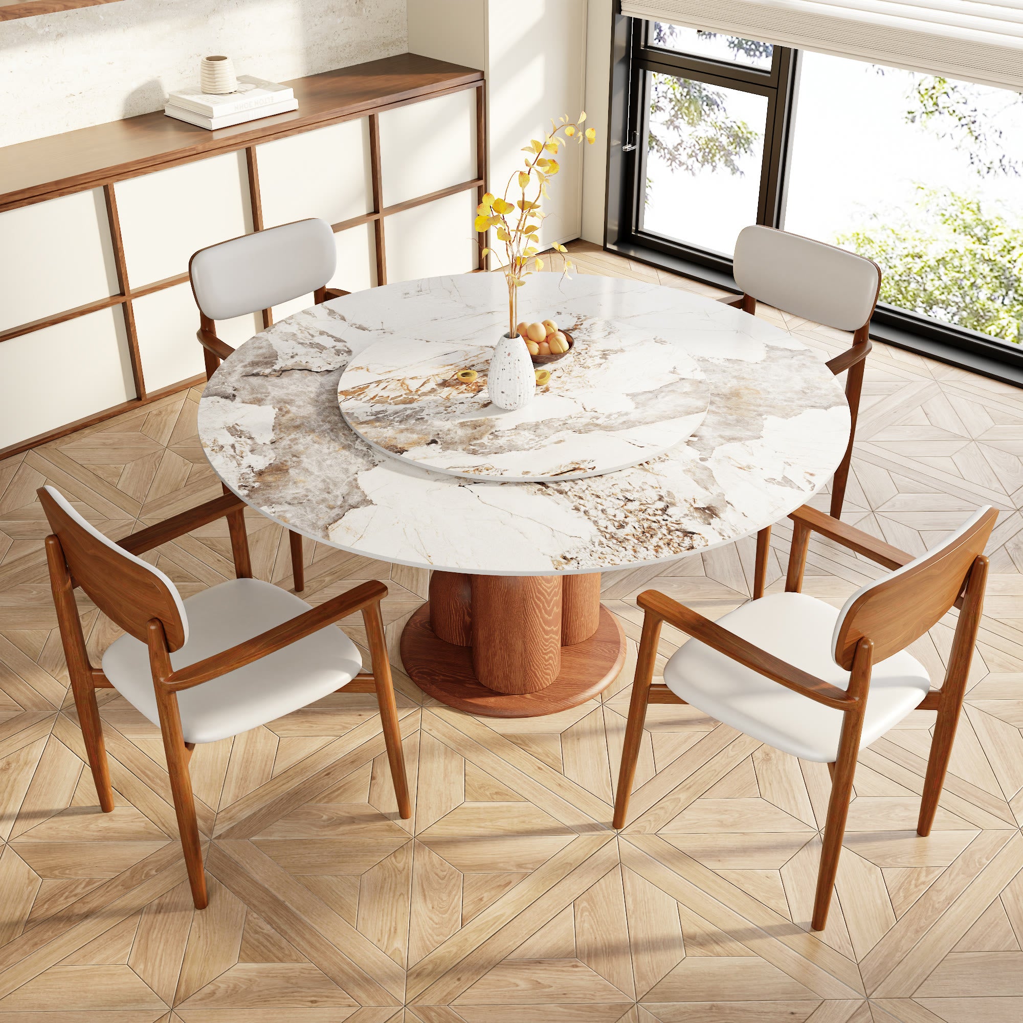 Solenne Solid Wood Pedestal Round Dining Table with Pandora Glossy Stone Top & Removable Lazy Susan - image 3