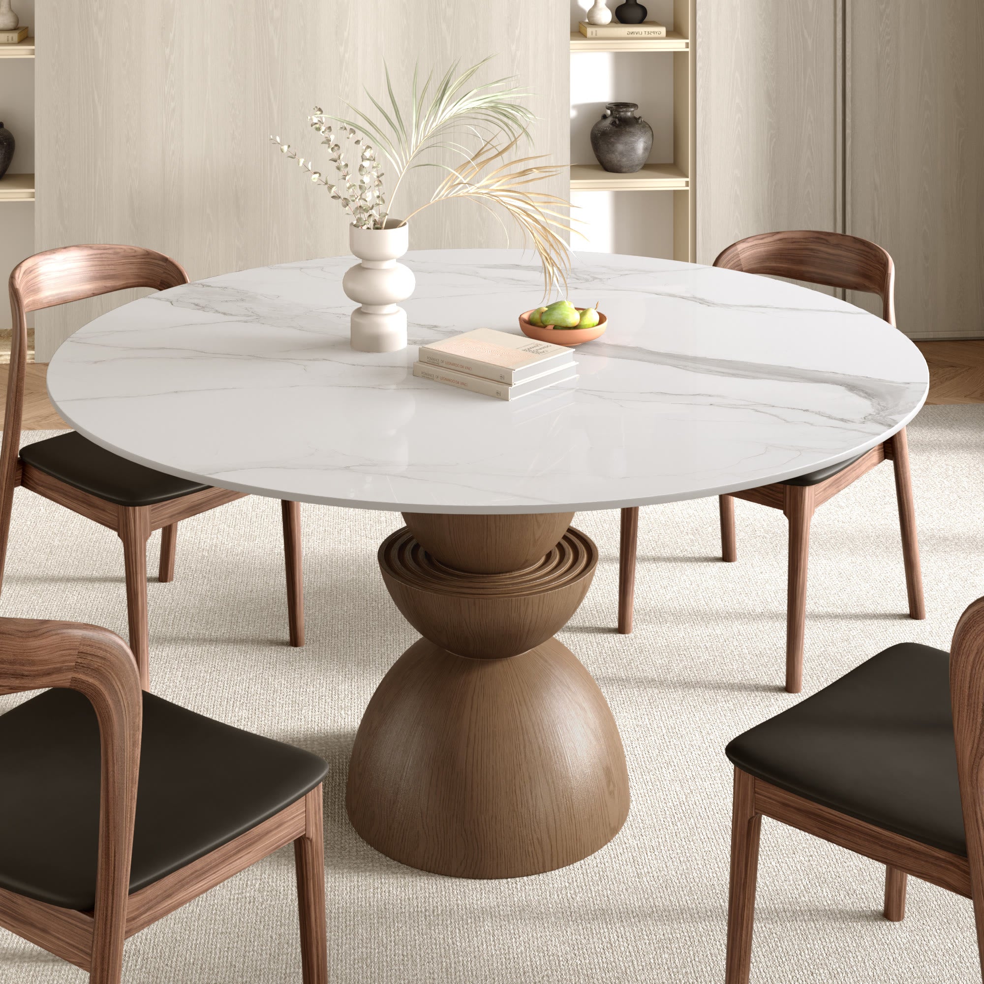 Mira Dark Walnut Solid Wood Pedestal Round Dining Table - Snowy White - 59" Table - image 0
