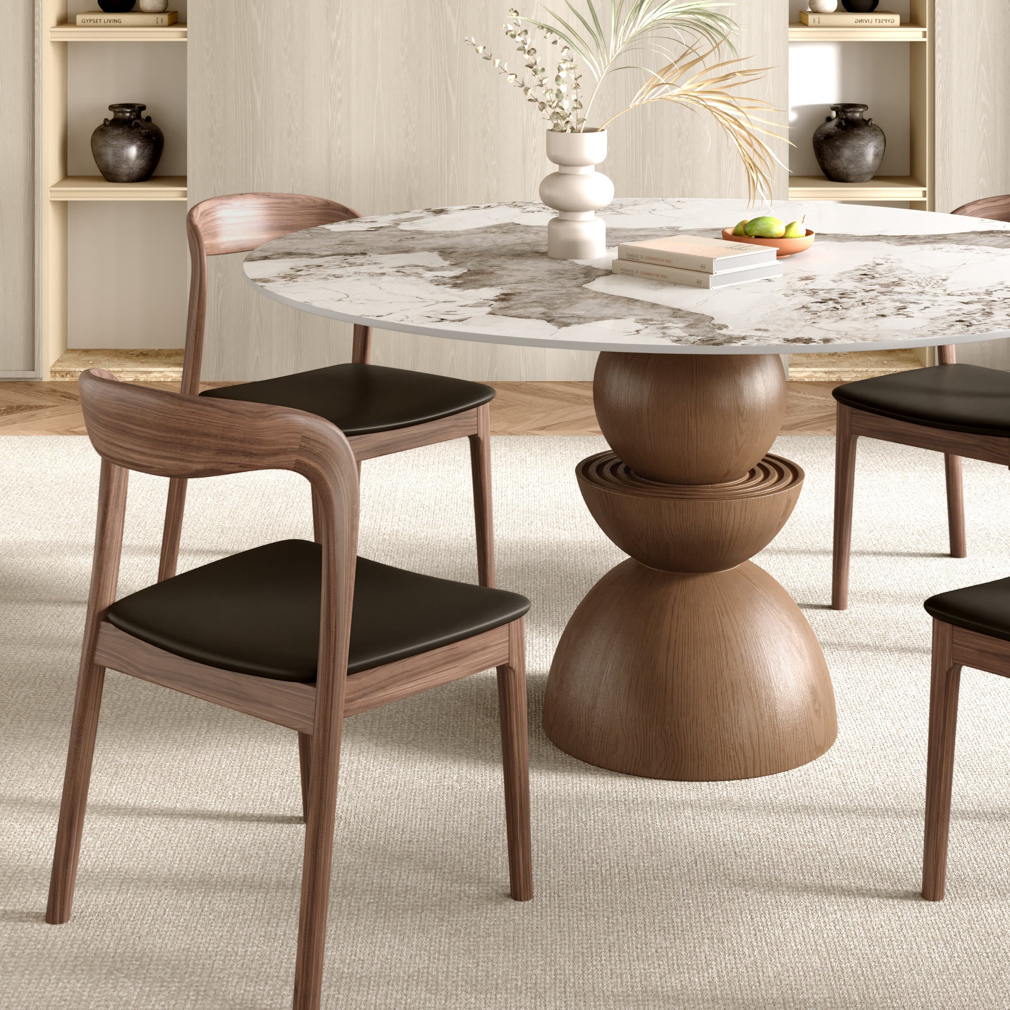 Mira Solid Wood Pedestal Round Dining Table With Pandora Glossy Stone Top - image 3