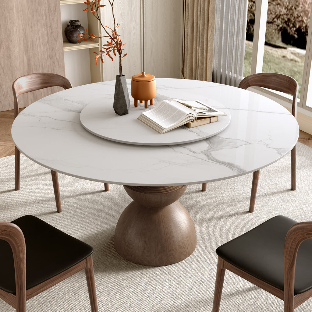Mira Solid Wood Pedestal Round Dining Table with White Glossy Stone Top & Removable Lazy Susan - image 4
