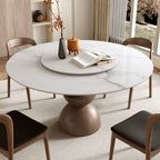 Mira Solid Wood Pedestal Round Dining Table with White Glossy Stone Top & Removable Lazy Susan - image 4